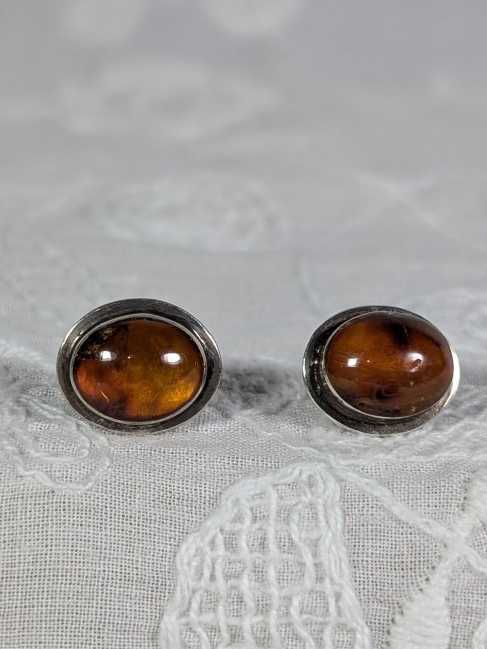 Vintage Amber Cabochon Orange/Cognac Stone with Silver Stud Post Earrings - Picture 3 of 13